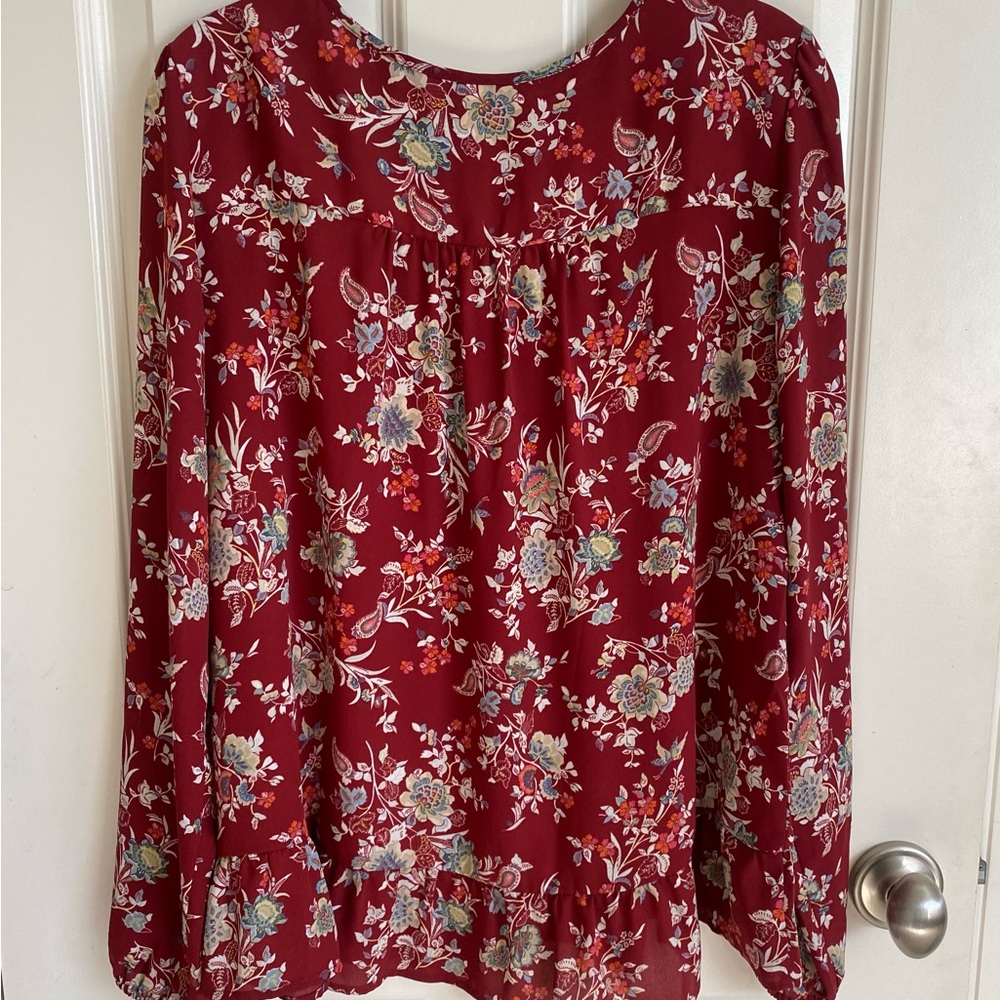 LOFT long sleeve blouse with a peplum style & front tie neck. Size-Medium - Picture 2 of 4